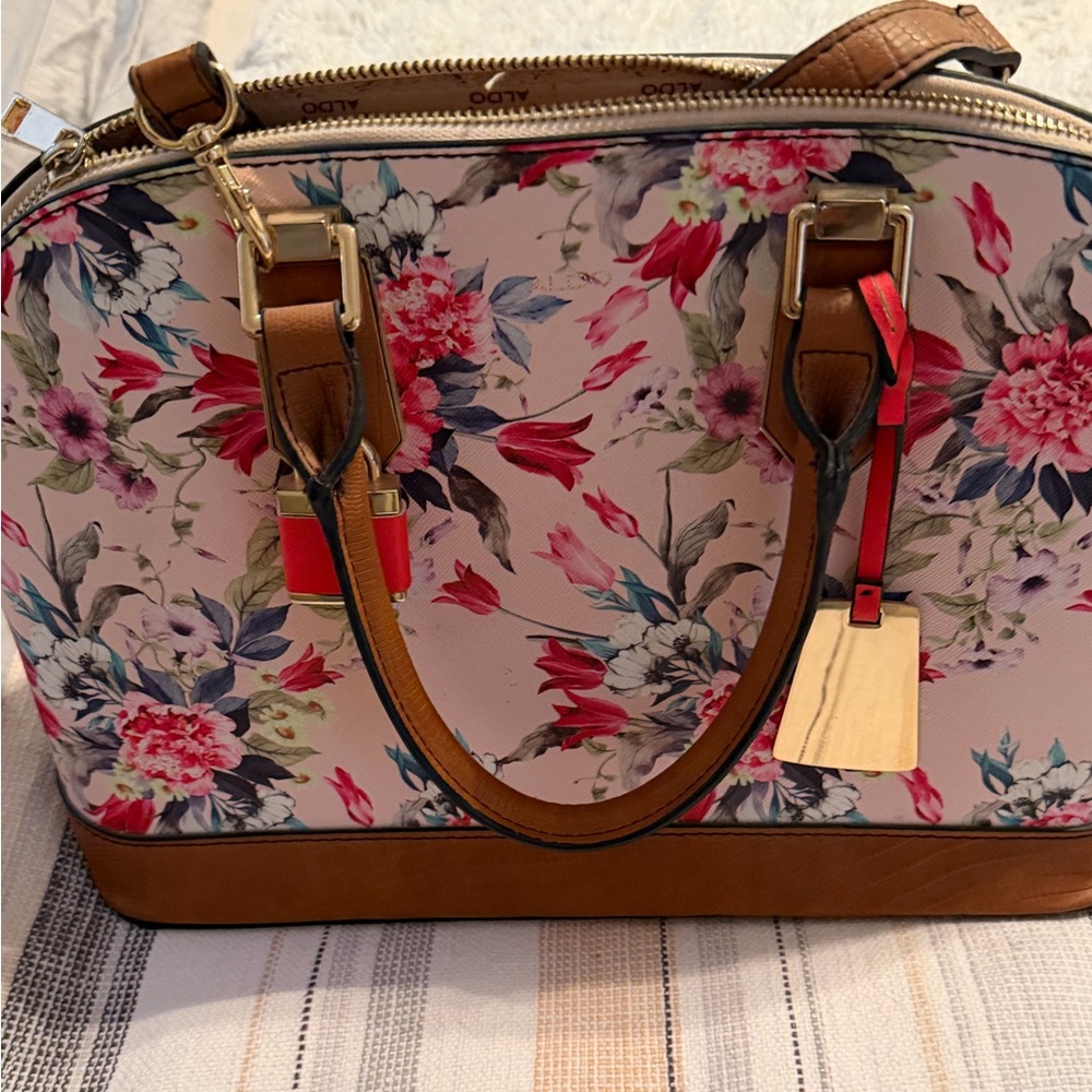 Aldo Pink Floral Satchel with Tan Accents